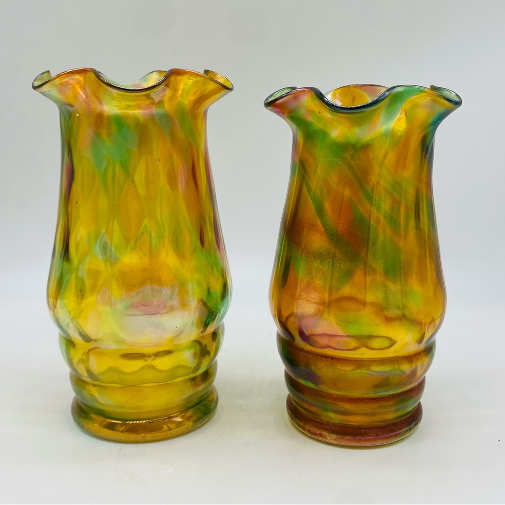 Antique c.1880 Bohemian Iridescent Multicolored Ruffled Glass Vases
